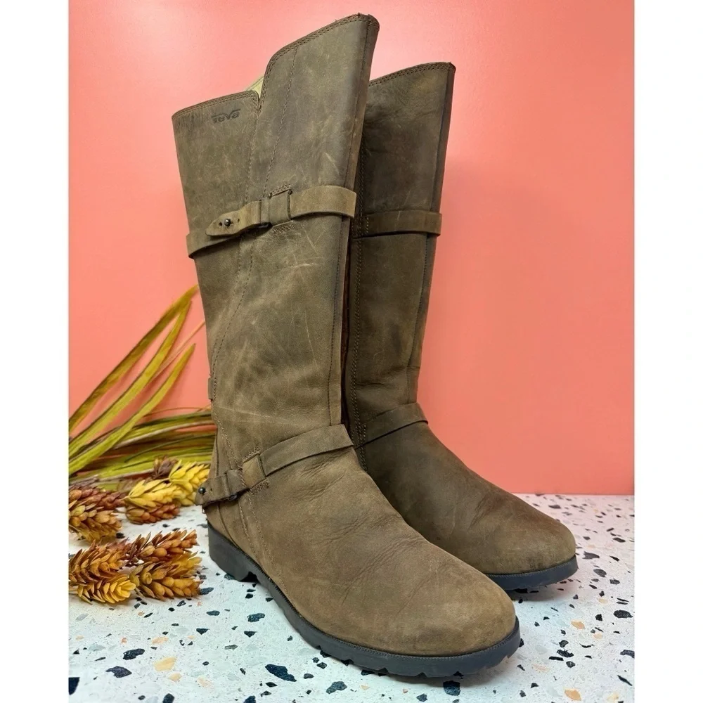 TEVA De La Vina Tall Brown Leather Riding Boots Waterproof Moto Zip Women’s Sz 6